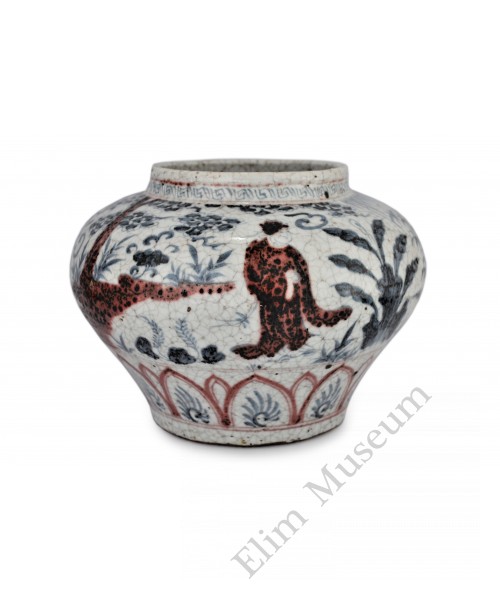 1375 A Yuan underglaze blue-red jar with figures decor